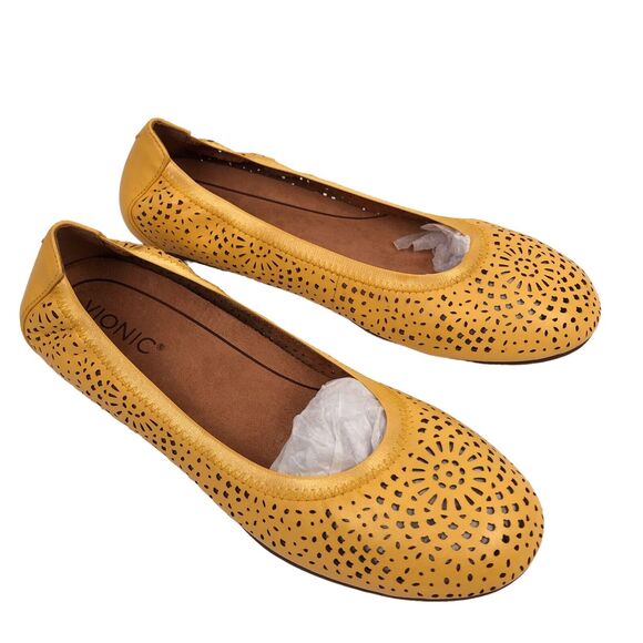 Vionic Robyn Perforated Leather Ballet Flats Shoes Size 9.5 Buttercup New Defect - Picture 1 of 8